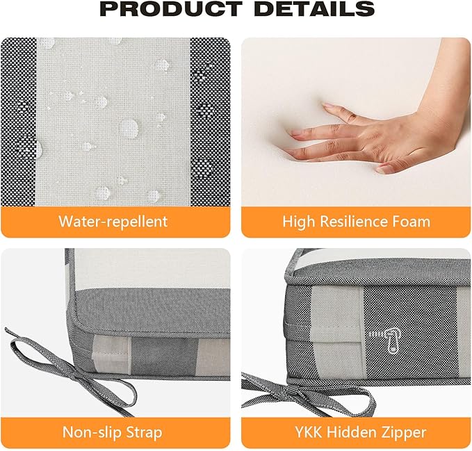 Square Corner Seat Cushions, 18.5" x 16" x 3", Set of 4, Indoor Outdoor Water Repellent Universal Chair Pads with Ties for Patio Furniture, Garden Deck Dining Chairs, Gray Stripe