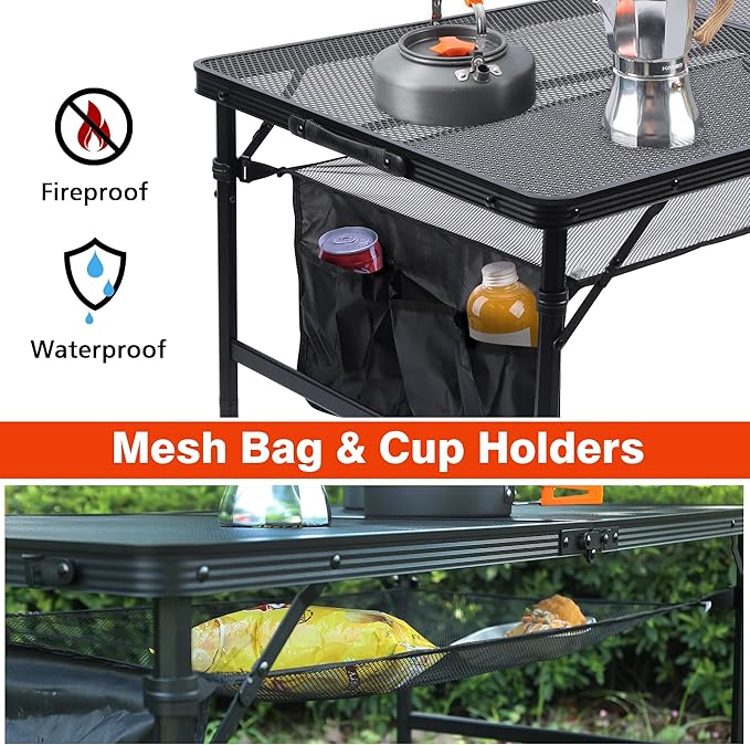 Folding Grill Table, 4x2 FT Portable Camping Table, Lightweight Height Adjustable Metal Tables with Mesh Desktop and Mesh Bag, Outdoor Tables for Camping, Picnic, Beach and BBQ, Black