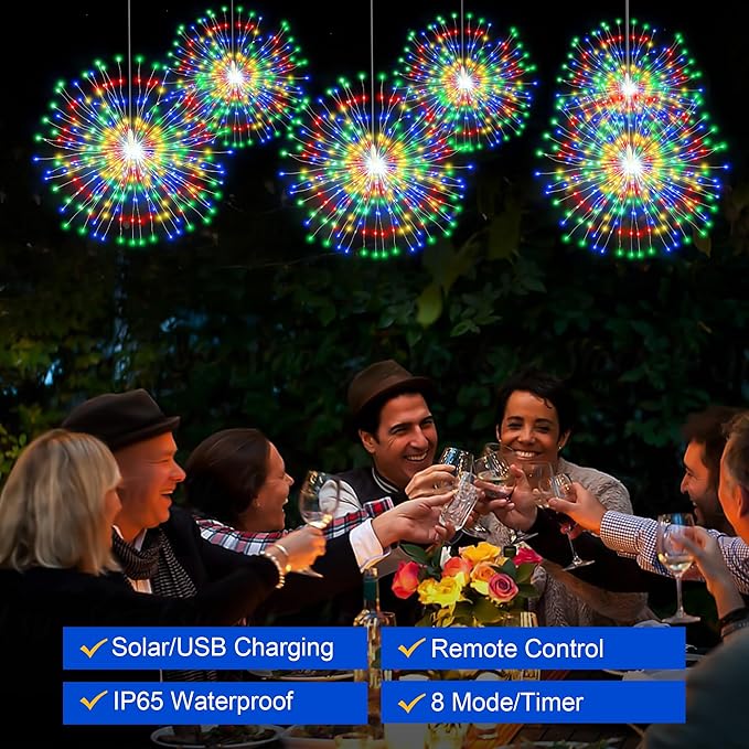 Solar Firework Lights Outdoor, 1000 LED Starburst Light Outdoor with USB Rechargerable, 8 Modes Waterproof Solar Hanging Lights for Gazebo Yard Party Wedding Decorations (Multicolored, 1000 LED)