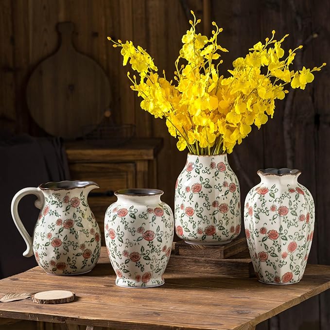 Green&Beige Vintage Octagonal Vase, Red Rose Chinoiserie Floral Vase, Farmhouse Antique Decorative Ceramic Flower Vases for Bouquet, Home Decor, Living Room, Bookshelf, Office, Tuscan Decor 9.1 Inch