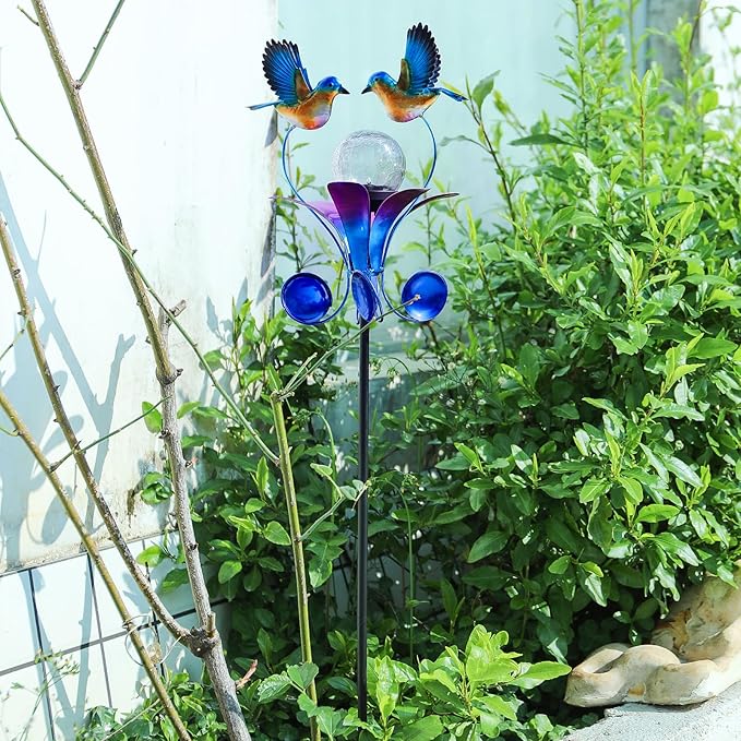 VCUTEKA Solar Lights Outdoor Metal Garden Stake Waterproof Crackle Glass Globe Garden Decor Blue Jay Bird for Pathway, Lawn, Patio, Yard