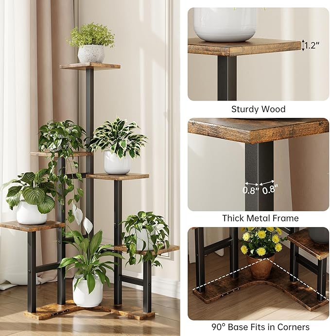 Corner Plant Stand Indoor, 6 Tier Corner Plant Shelf Flower Stand for Multiple Plants, Plant Shelves Organizer Rack for Living Room, Balcony, Patio, Garden, Square Rustic Brown