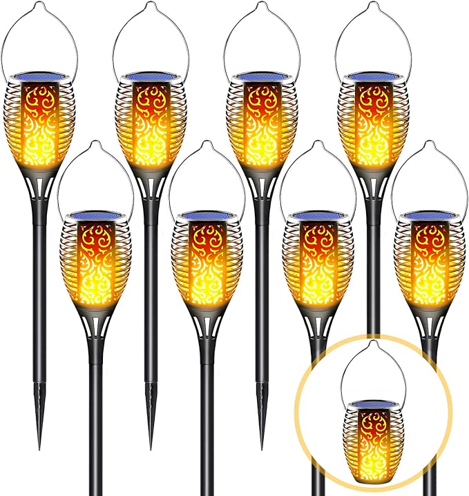 Solar Torch Lights 8 Pack - Outdoor Waterproof Solar Tiki Torches with Realistic Flickering Flame, 3-in-1 Hanging Lanterns, Fire Effect Landscape Decoration for Garden, Pathway, Yard & Patio