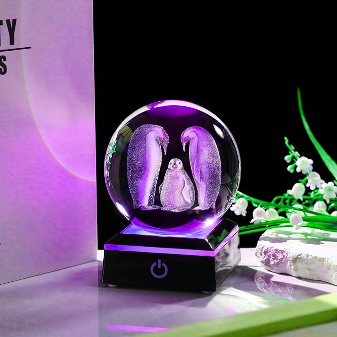 Penguin Gifts for Women 3D Crystal Ball 3.14'' - Laser Penguin Decor Glass Animals Penguin Gifts Figurines Statue Stuff for Room Decorations Penguin Night Light