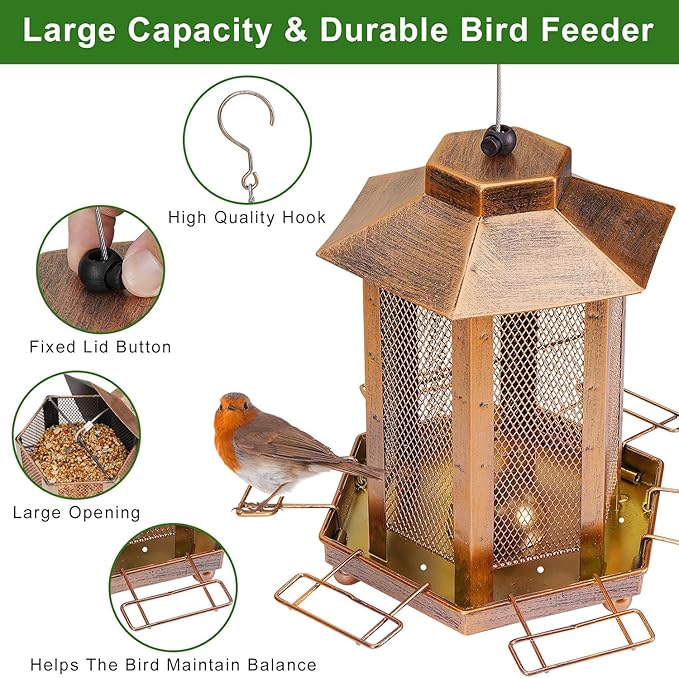 Lantern-Shaped Metal Bird Feeder for Outdoor Hanging, 3.5LB Large Capacity, Garden Decoration - Attracts Wild Birds, Durable Outdoor Bird Feeding Station for Garden Yard Outside Backyard