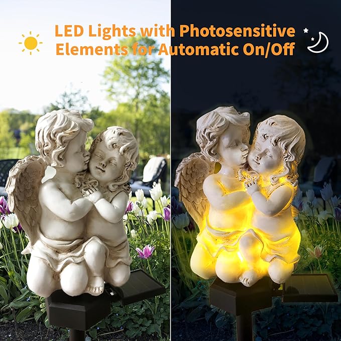 QH & Garden 2-Pack Angel Solar Garden Light - LED Waterproof Lights Mother's Day Gift,Solar Powered Garden Stake Lights for Balcony, Yard, Lawn, Pathway, Walkway-Angel Statues Grave Decorations