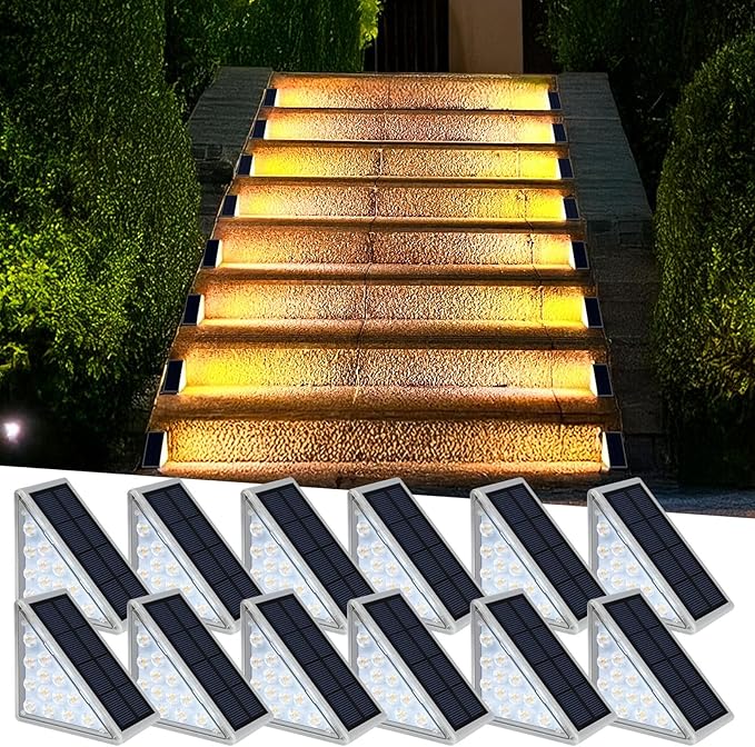 LED Solar Step Lights Waterproof Outdoor Stair Lights, Warm White Solar Deck Lights IP67 Solar Decoration Lights for Yard, Patio, Garden, Walkways, Front Door, Pathway, Driveway, Porch 12 Pack