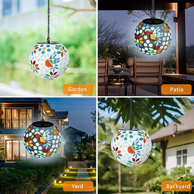 VCUTEKA Solar Chandelier Outdoor, Hanging Mosaic SolarLights with Hook Up, Solar Garden Lantern Decor for Yard, Deck and Patio, White