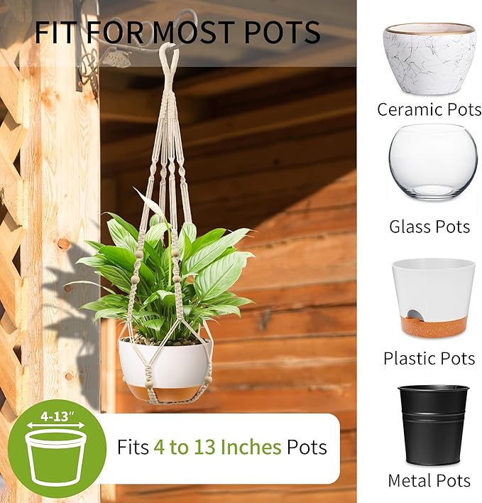 35 Inch Macrame Plant Hanger - Fits 4-13 Inch Pots, Supports Up to 22lbs, Sturdy Hanging Planter Holder for Indoor Outdoor, Boho Home Decor, 2 Pack, Ivory (POTS NOT Included)