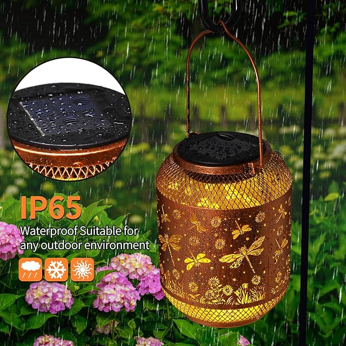 Solar Lanterns Outdoor Waterproof Dragonfly Garden Decor Gifts for Women Mom Grandma Hanging Solar Lights Metal Lantern Decoration Outside for Yard, Patio, Backyard, Porch