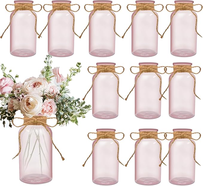 Vintage Glass Flower Vase，12 Pack Pink Farmhouse Glass Centerpiece Vases Mason Jars for Weddings, Parties & Home Decor Bulk (12, Pink)