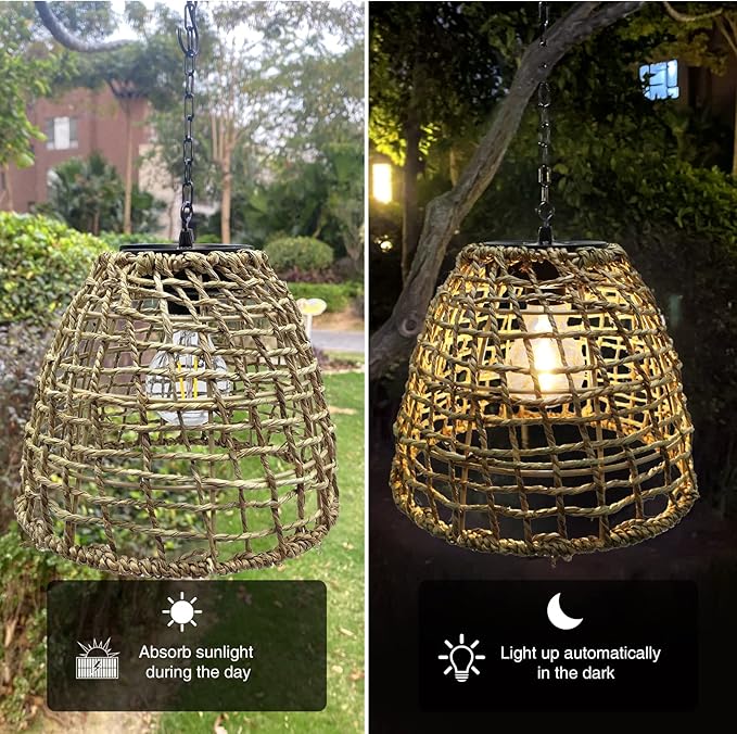 Outdoor Solar Hanging Lantern, Natural Seeweed Rattan Bamboo Woven Porch Patio Gazebo Pendent Chandelier Light Decorative Solar Powered Hanging Lamp for Front Door Garden