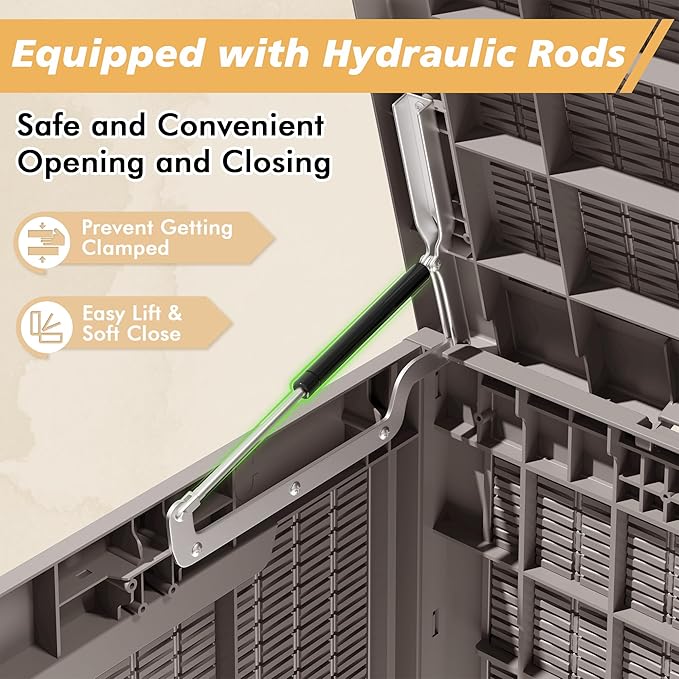 NUNU LAB 102 Gallon Large Waterproof Resin Deck Box, Lockable Outdoor Storage Box with Gas Lift, Patio Cushions, Garden Tools, Pool Supplies, Indoor Outdoor Storage Container, Grey