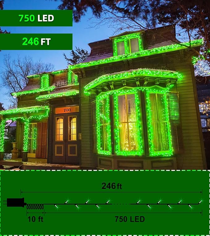750 LED Outdoor Christmas Lights Decorations, 246ft Green Wire LED Christmas String Lights with Timer Memory, Twinkle Lighs for Indoor Outdoor Xmas Party Christmas Tree Wedding Garden Patio Green