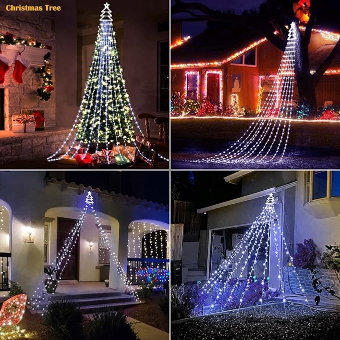 Outdoor Christmas Decorations Yard Star String Lights 420 LED Waterproof, 8 Lighting Modes Waterfall Lights for Yard Patio Garden Party (Cold White)