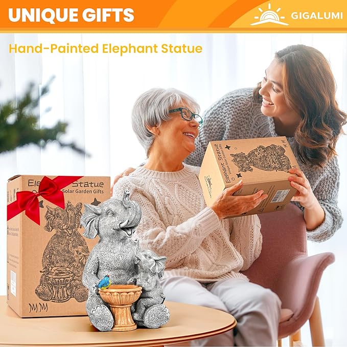 GIGALUMI Solar Garden Decor Bird Bath Elephant Statues Outdoor, Birthday Gifts for Women, Gifts for Mom Grandma Senior Elder, Elephant Ornament for Balcony, Garden, Patio, Yard, Lawn