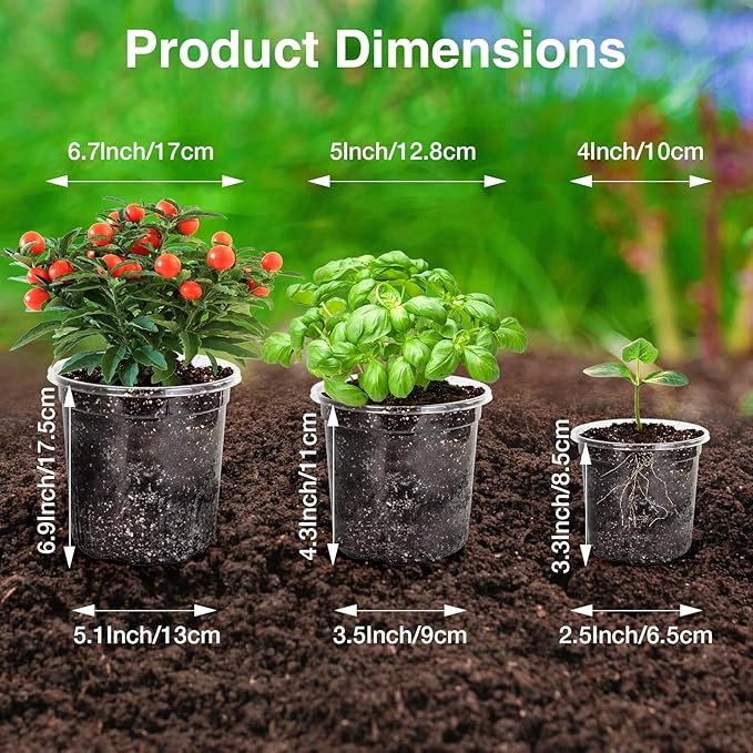 Bonviee Clear Nursery Pots for Plants, 6.7/5/4 Inch Plastic Seedling Pots with Drainage Holes, Planters for Indoor Plants and Transparent Seed Starter Pots with 10 Plant Labels, 30 Pack