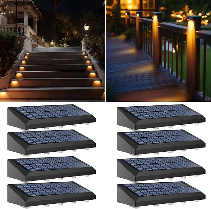 Solar Fence Lights Outdoor Waterproof IP65, 8 Pack Fence Lights Solar Powered 60 Lumens Auto On/Off Step Wall Lights Outside Decorations for Yard, Porch, Patio, Stairs, Pool, Deck, Garden- Warm Light