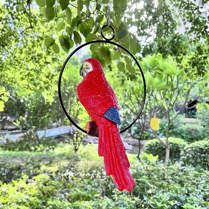 Lifelike Parrot Garden Statues Hanging Decor Ornaments Figurines Sculpture for Patio Lawn Yard, Blue Tail (Red Tail)