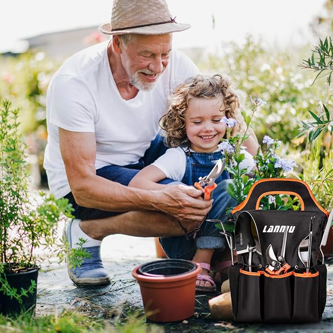 Garden Tool Set, 9 Piece Stainless Steel Heavy Duty Gardening Tool Set, with Non-Slip Rubber Grip, Storage Pocket, Ideal Gardening Gifts for Men