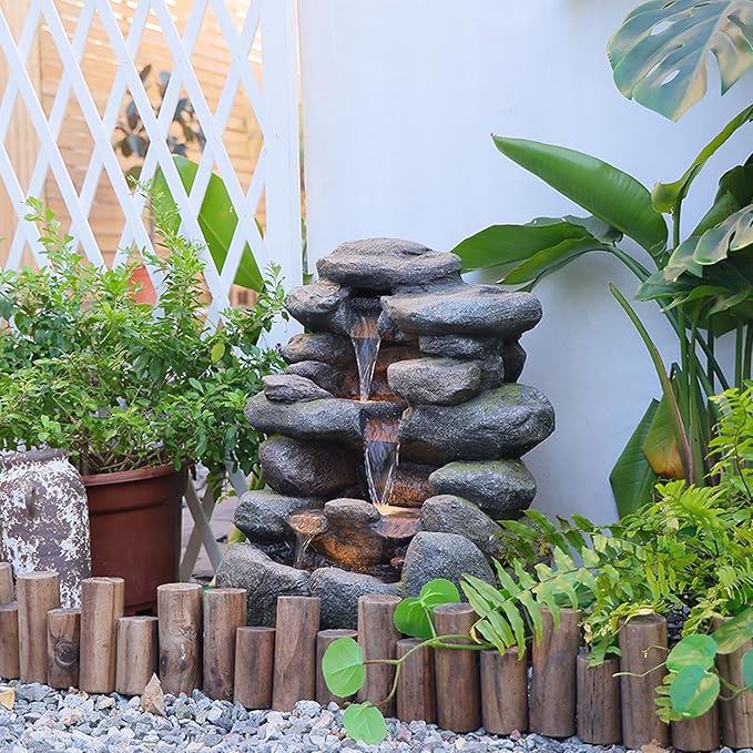 4-Tier Rock Water Fountain Outdoor Waterfall Garden Decor, 23.4" Cascading Waterfall With LED Lights for Patio, Lawn, Backyard, and Home, Faux Stone Design