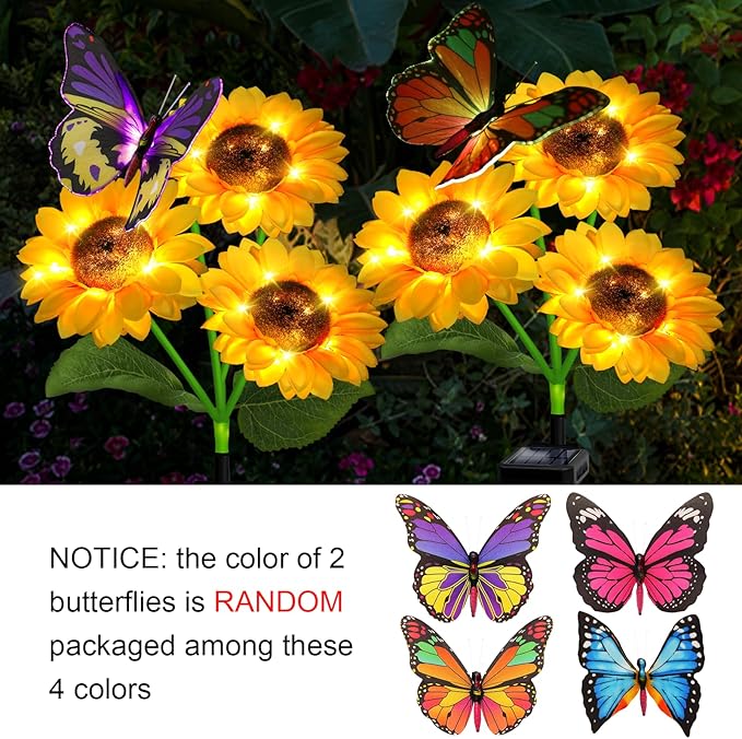 Solar Sunflower Lights Outdoor Garden Lights, 2 Pack Solar Flower Lights with Butterfly Waterproof Garden Decor, Gifts for Mom Grandma, Sunflower Stake Led Lights for Yard Patio Lawn Pathway Outside