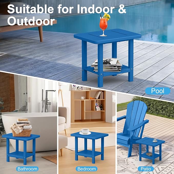 Outdoor Side Table - 2-Tier Storage All Weather Outdoor End Table for Patio - HDPE Morden Easy Maintenance Adirondack Side Table for Pool Porch Balcony Garden Lawn Backyard Outside Indoor