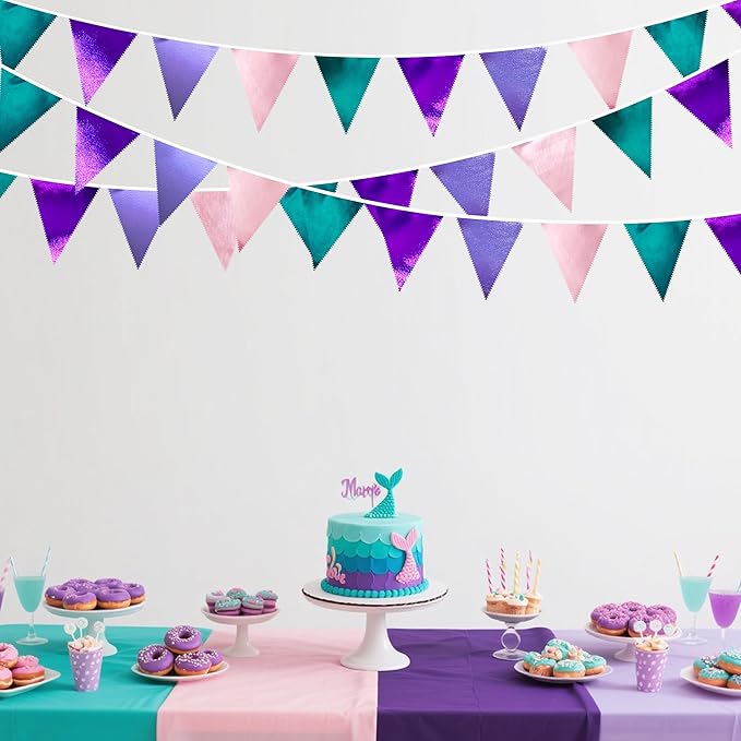 Mermaid Party Decorations Purple Pink and Teal Aqua Metallic Fabric Triangle Pennant Banner Flag Bunting Garland for Mermaid Under the Sea Birthday Wedding Baby Shower Engagement Party Supplies