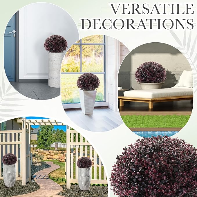 Yunlly 4 Pack 18" Artificial Boxwood Ball Bush Topiary Trees Fake Outdoor Plants, Realistic UV Resistance Faux Shrubs with Spike Greenery Topiary for Front Porch Garden Yard Patio Indoor (Dark Purple)