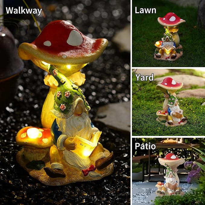 Upgraded Size Solar Garden Outdoor Statues Gnome Reading Under Mushroom with 5 LED Solar Figurine for Lawn,Patio,Balcony,Yard Decor Unique Housewarming Gift for Grandfather, Father,Grandma,Wen