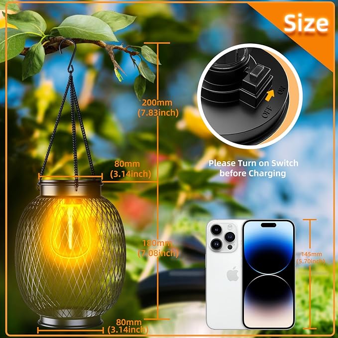 Solar Lanterns Outdoor Waterproof, 2 Pack Vintage Metal Solar Hanging Lanterns Outdoor with Hooks Solar Garden Decoration Lights Solar Lights Outdoor for Patio Balcony Yard Lawn, Black