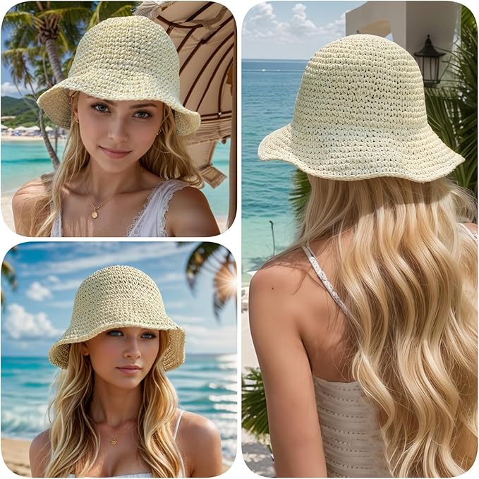 Floppy Big Beach Straw Hats for Women Foldable Summer Wide Brim Packable Sun Hat Womens Travel Straw Fedora Hat