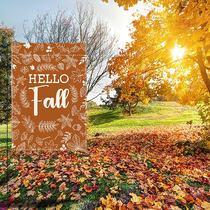 Hello Fall Garden Flag Autumn Holiday Garden Flag 12x18 inch Double Sided Fall Thanksgiving Maple Leaves Flags Decorations for Yard Outside Lawn Patio (Flay 1806)