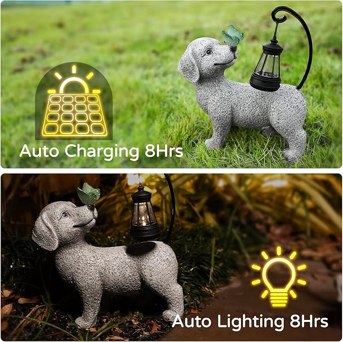 Solar Garden Outdoor Statues Dog with Butterfly Solar Lantern, Lawn Decor Puppy Figurine for Patio Balcony Yard, Yard Unique Christmas Birthdays Gift for Mom Grandma
