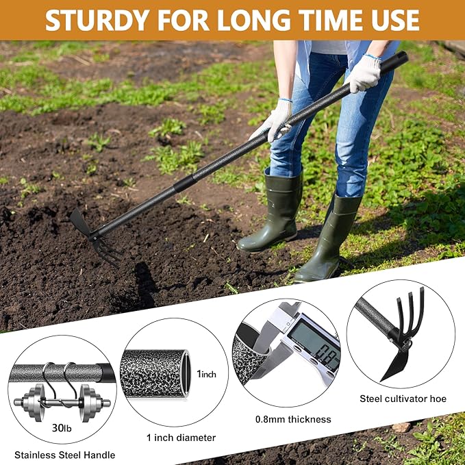 Garden Hoe Tool, 2-in-1 Heavy Duty Dual-Head Weeding Tool, 45" Adjustable Long Handle Cultivator for Weeding, Tilling, Lawn Yard Flower Bed Gardening Tool