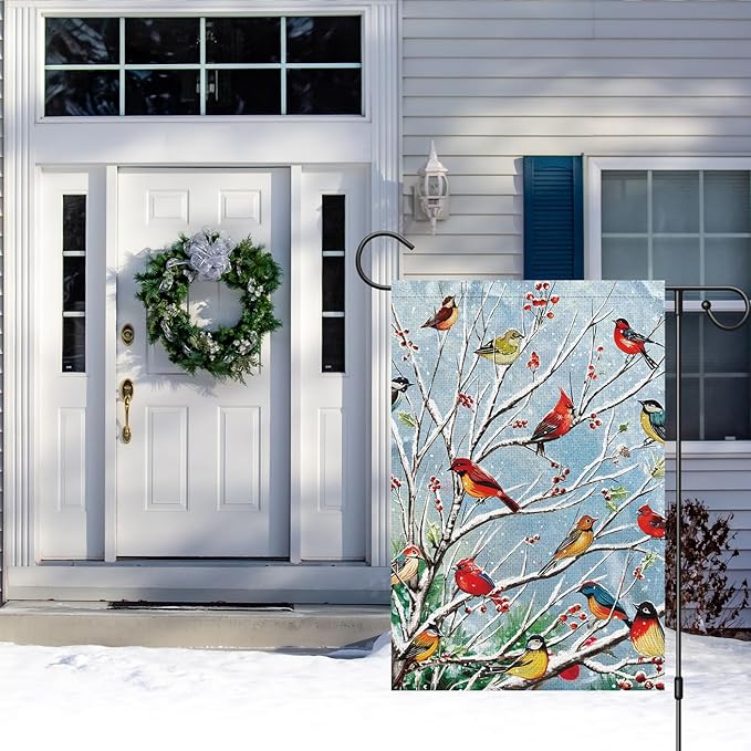 Louise Maelys Welcome Christmas Garden Flag 12x18 Double Sided, Small Burlap Tree Cardinal Birds Xmas Outside Outdoor House Yard Decor