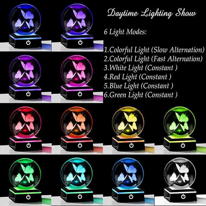 Qianwei Butterfly Gifts for Women 3D Crystal Ball 3.14'' - 80mm Laser Decor Glass Animals Figurines Statue for Room Decorations Night Light