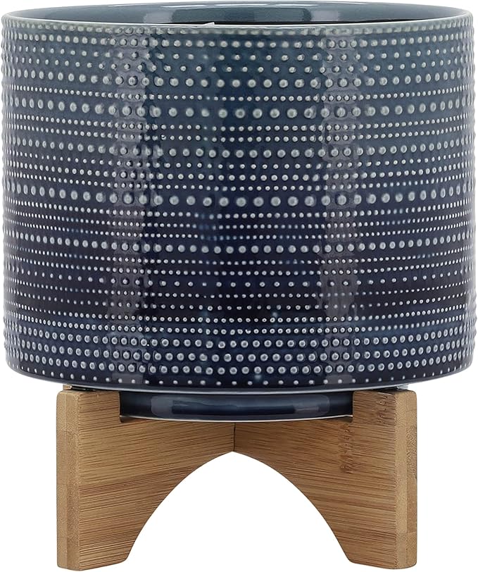 Sagebrook Home Textured Ceramic Planter with Wood Stand, Elevated Indoor/Outdoor Planter, Blue with Gray Dots, 8 L x 8 W x 10 H