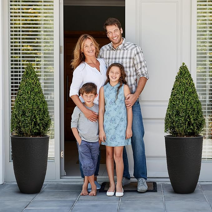 WORTH Garden 2-Pack 21" H. Black Tall Planters with Inside Pots - 14'' Dia Plastic Large Round Plant Tree Pots - Decorative Imitation Stone Finish for Indoor Outdoor Front Porch Container Patio