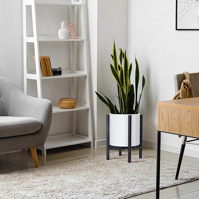 D'vine Dev Planter Pot with Stand - 12 Inch Plastic Cylinder Flower Pot with Wood Planter Holder for Indoor, Matte White Pot + Ebony Stand, 55-C-H-1