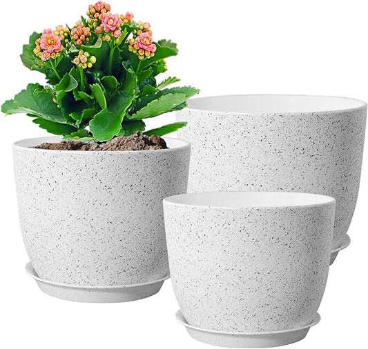 Large Flower Pots 12/10/9 inch, Set of 3 Modern Decorative Plastic Planters with Drainage Holes and Saucers for Garden House Plants, Plant Pots for Indoor Outdoor Plants, Speckled White