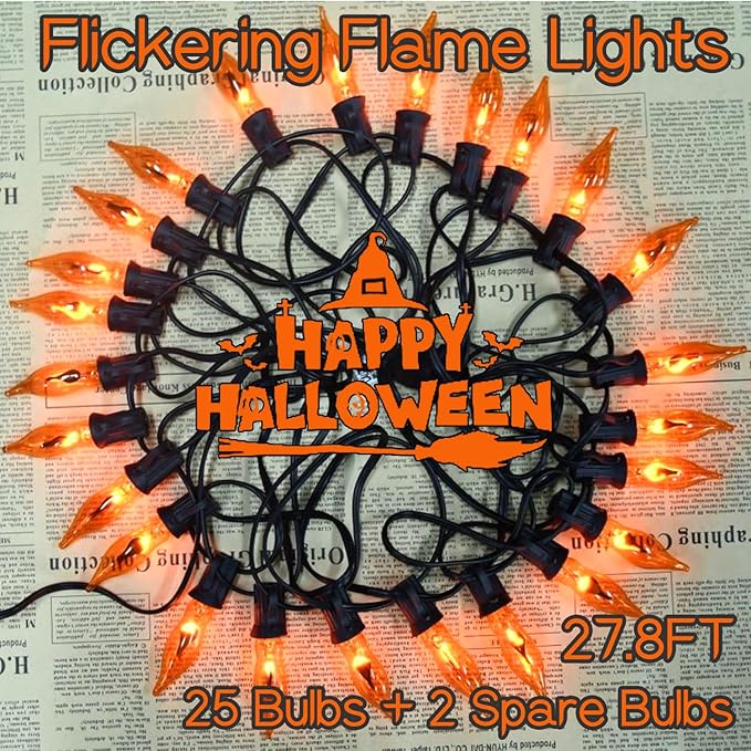 27.8Ft Halloween Decorations Flickering Flame String Lights with 27 Pack Orange Clear Flame Light Bulbs (4 Spare E12 Bulbs), Orange Christmas Lights Outdoor for Home Party Christmas Halloween Decor