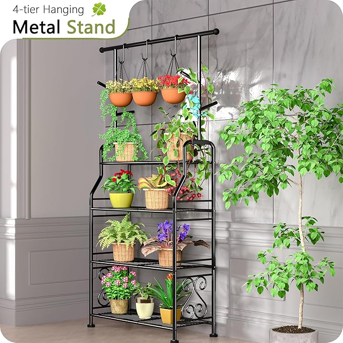 GIOTORENT Plant Stand Indoor Outdoor, 4-Tier Heavy Duty Metal Shelves, Display up to 17 Multiple Plants, Tall Plant Holder with Plant Hanger, Suit for Patio Living Room Garden Balcony, 5 Hooks, Black
