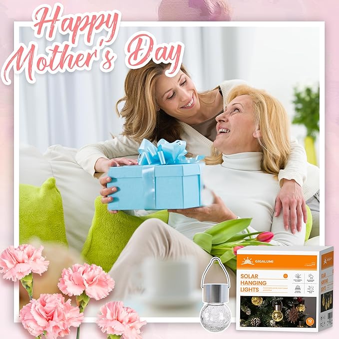 GIGALUMI 8 Pack Solar Hanging Lights, Christmas Decoration Lights with Multi-Color Changing Cracked Glass Hanging Ball Solar Outdoor Lights Waterproof Solar Lanterns for Garden, Yard, Patio, Lawn