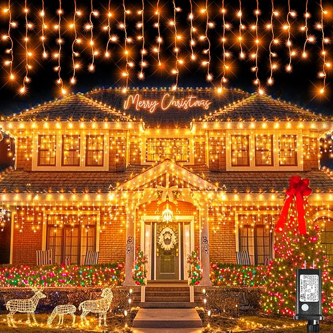 Icicle Lights for Outside, 33FT 400 LED Christmas Lights with 8 Modes Waterproof, Plug in Connectable Curtain Hanging Lights for Outdoor Indoor House Roof Party Wedding, Orange