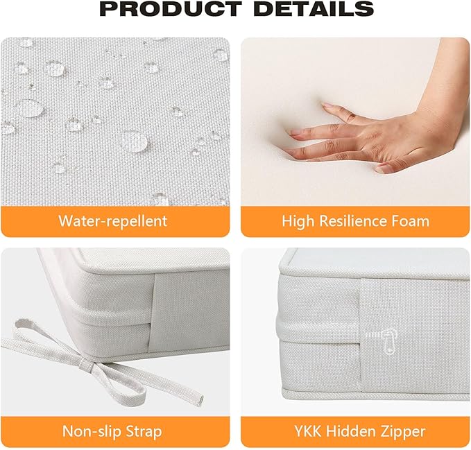 Square Corner Seat Cushions, 19" x 19" x 3", Set of 4, Indoor Outdoor Water Repellent Universal Chair Pads with Ties for Patio Furniture, Garden Deck Dining Chairs, Linen