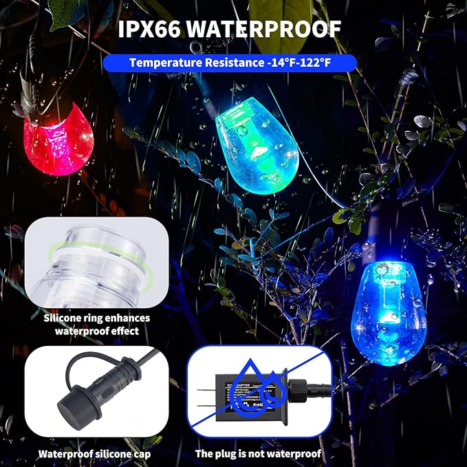Outdoor String Lights 100FT, Outdoor Lights for Patio with 40 Dimmable RGBW LED Bulbs, IP66 Waterproof Shatterproof, with APP Control & Remote, 24V Adapter Color Change,for Backyard Decor