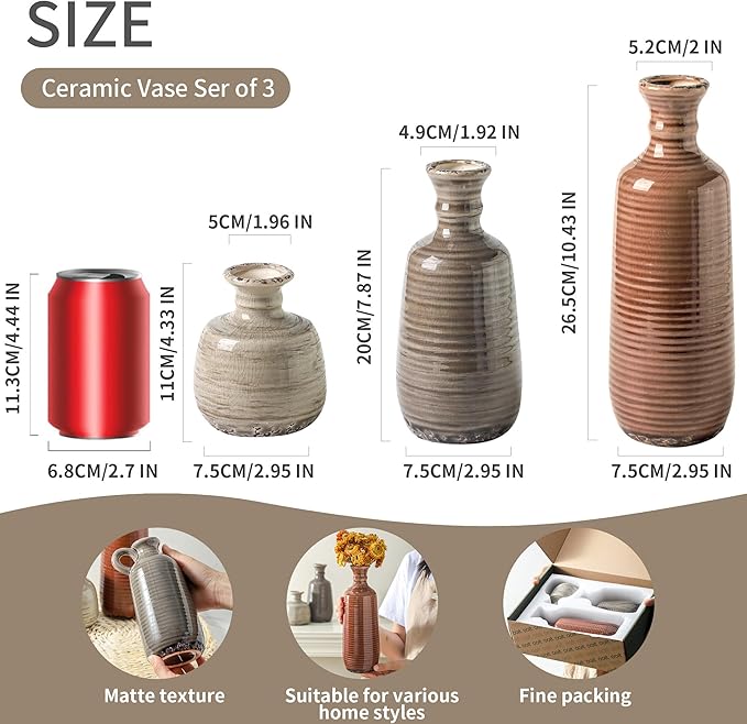 Ceramic Vases Set of 3, Neutral Rustic Farmhouse Vases Home Decor Decorative Flower Vase Modern Boho Pampass Vase for Table Mantel Entryway Shelf Living Room Kitchen Bathroom - Brown