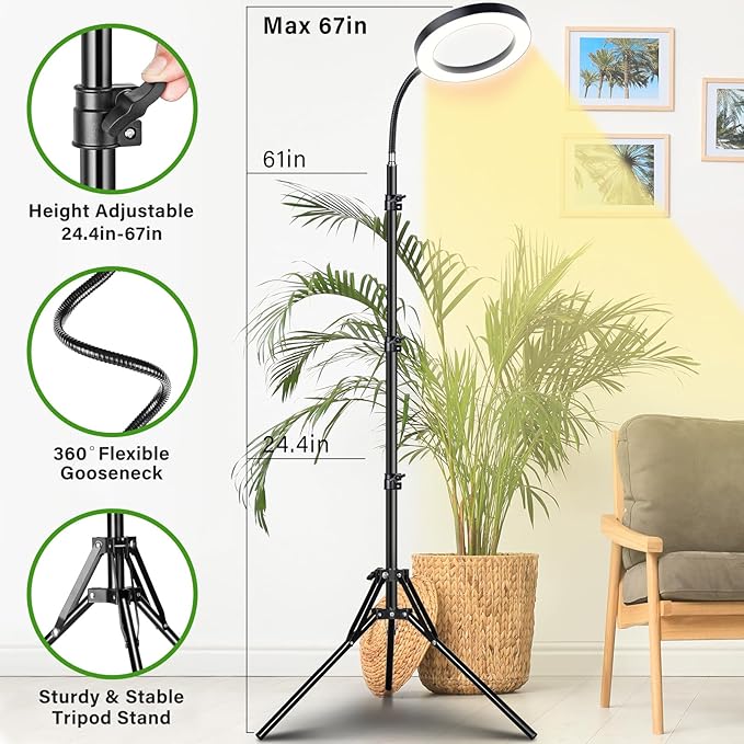 LORDEM Grow Light for Indoor Plants, Full Spectrum Plant Light with Auto Timer for 4/8/12H, 7.9" Diameter Growing Lamp with 108 LEDs, 4 Dimmable Levels, Adjustable Stand 24"-67"
