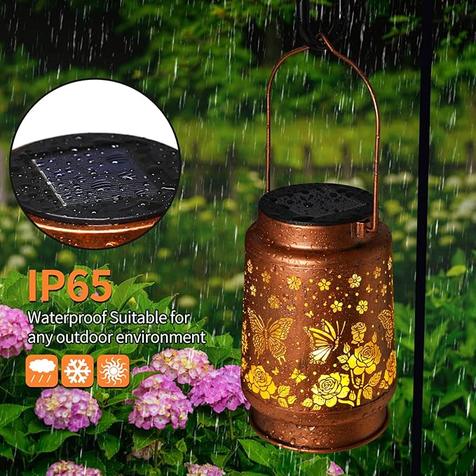Butterfly Solar Lanterns Outdoor Waterproof Rose Garden Decor Gifts for Women Mom Grandma Hanging Solar Lights Metal Solar Decoration Outside for Yard, Patio, Backyard, Porch